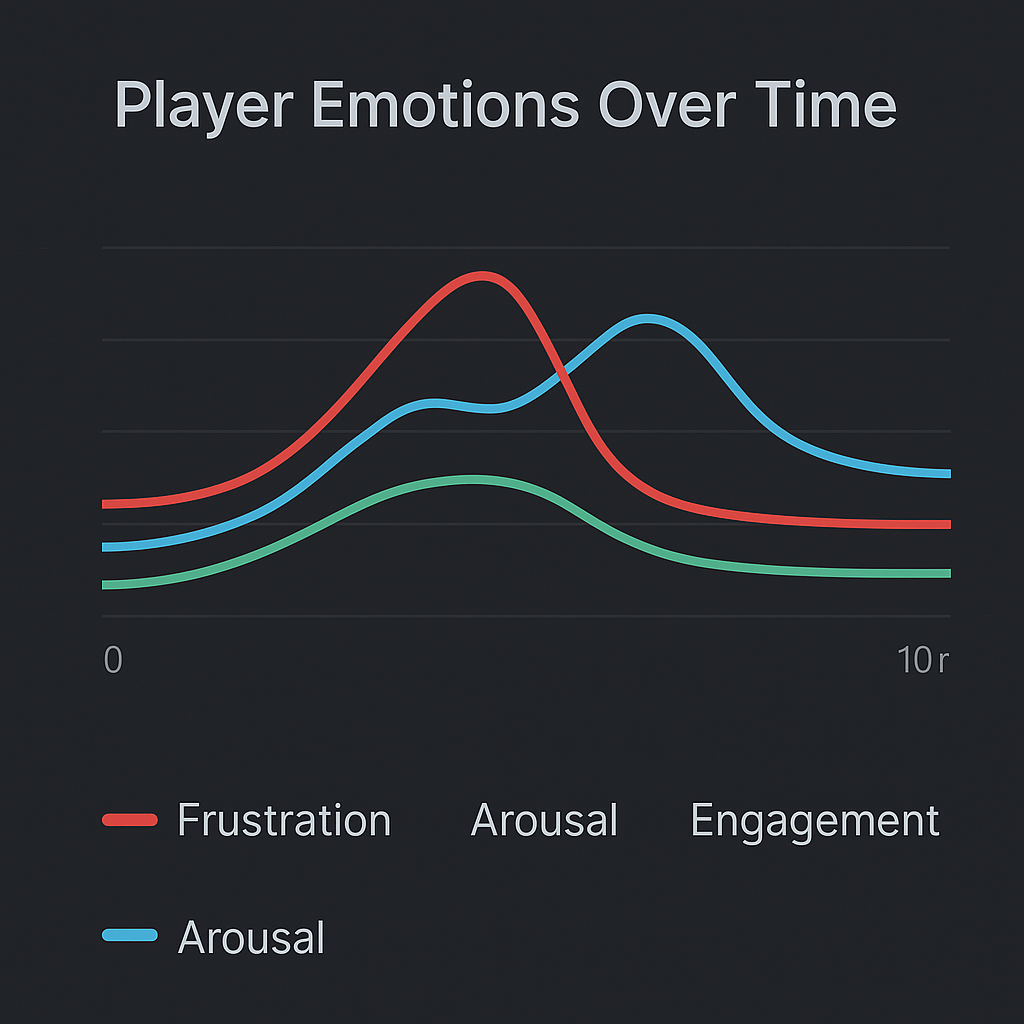 Player Emotions Over Time - Biometric Data Visualization showing Frustration, Arousal, and Engagement curves